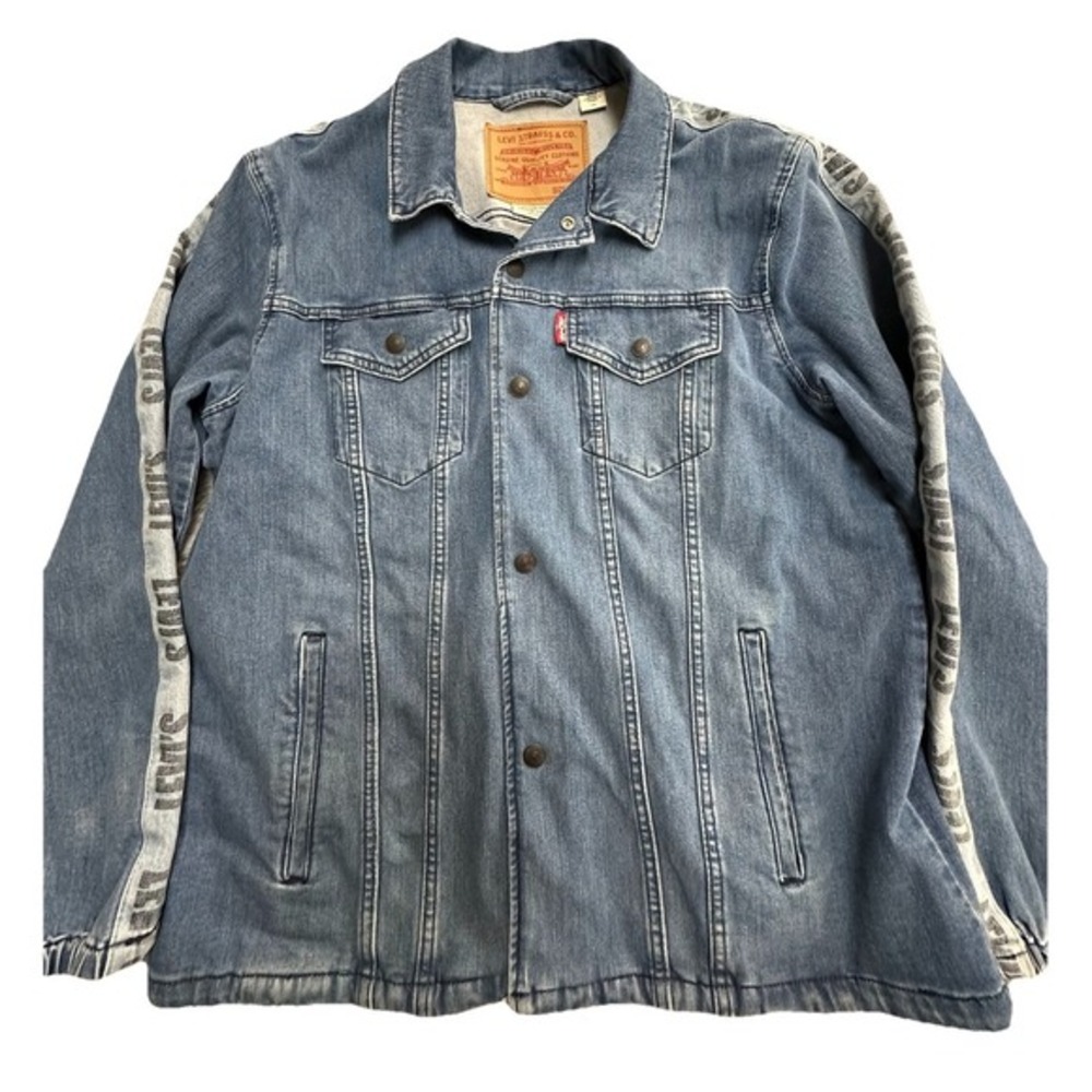 Levi's Premium Denim Jacket Mens L Blue Logo Tape Trucker Snap Button Streetwear